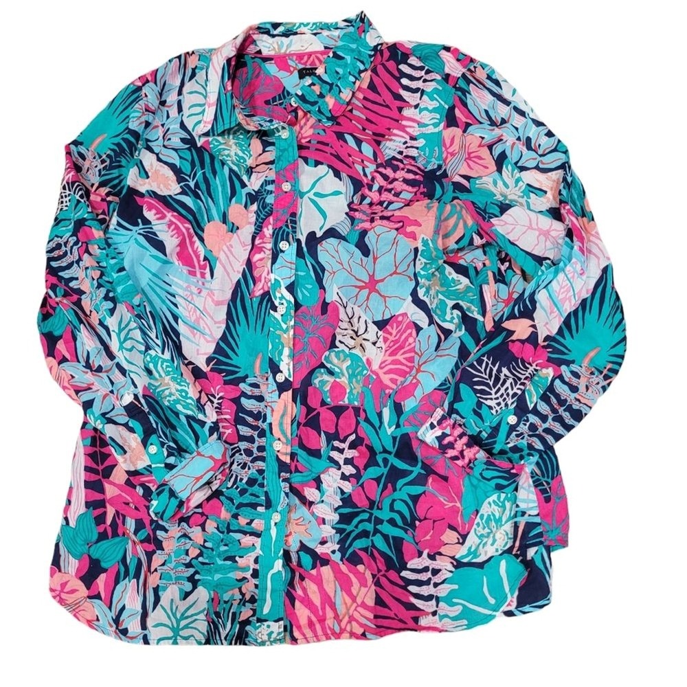 Talbots Womens Large Tropical Leaf Cotton Button Down Shirt Pink Teal Navy